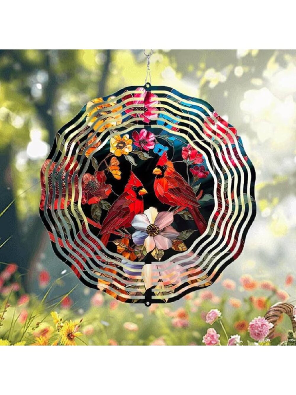 10inch Mandala Wind Spinner Vibrant Colors Red Cardinal Wind Chimes